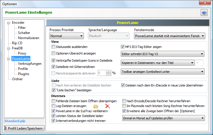 PowerLame Optionen